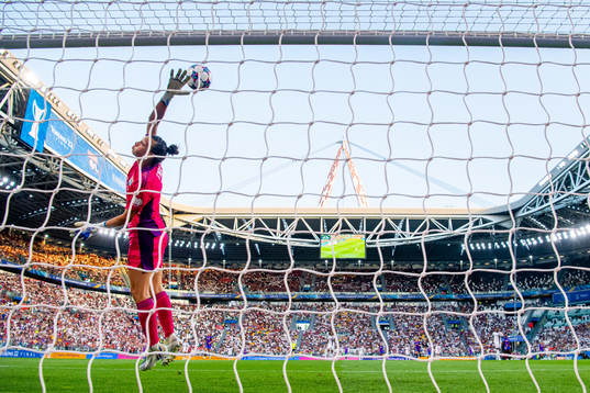 Goalkeeper Claudia Endler of Lyon makes a save