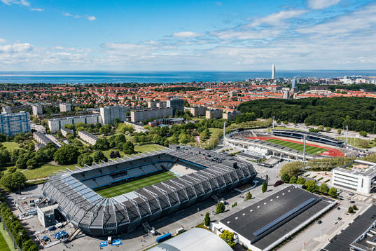 Drönarbild över Eleda Stadion och Malmö Stadion
