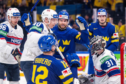 Oskar Lang and Max Friberg of Sweden celebrate 6-1