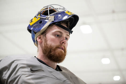 Goaltender Marcus Högberg of Sweden at a practice session