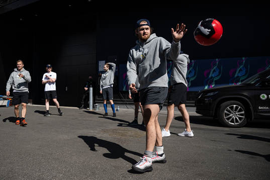 William Nylander of Sweden play football with teammates