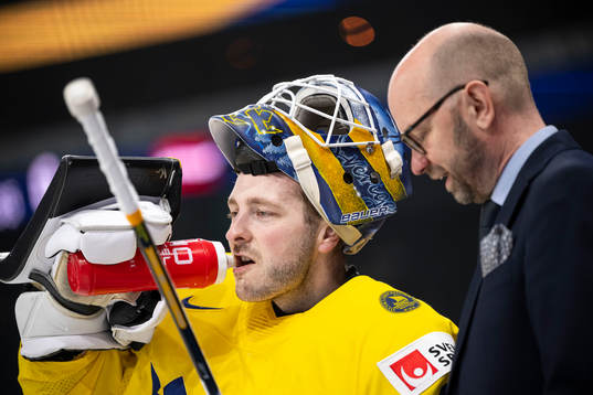 Goaltender Linus Ullmark and goaltender coach Stefan Ladhe