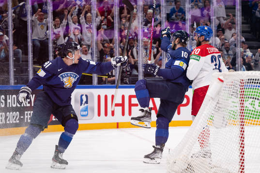 Juho Lammikko and Joel Armia of Finland celebrate the 1-0