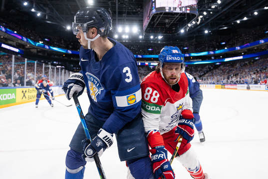 Niklas Friman of Finland and David Pastrnak of Czech