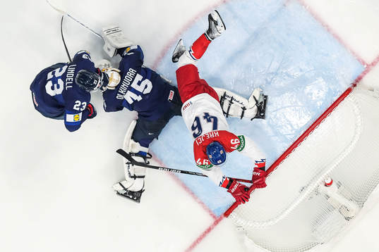 David Krejci of Czech Republic and goaltender Juho