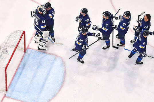 Goaltender Juho Olkinuora of Finland celebrate wit Jere