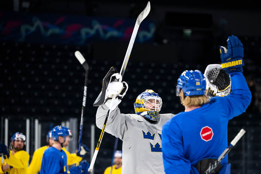Goaltender Linus Ullmark and Rasmus Dahlin of Sweden
