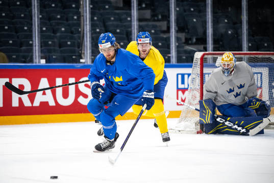 William Nylander and Joel Kellman of Sweden at a practice