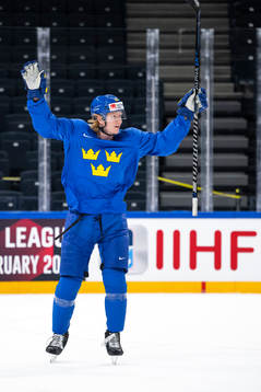 Rasmus Dahlin of Sweden celebrates at a practice session