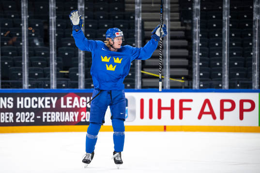 Rasmus Dahlin of Sweden celebrates at a practice session