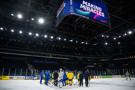 Players of Sweden gather at a practice session