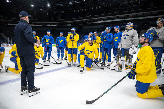 Players of Sweden gather around assistant coach Markus