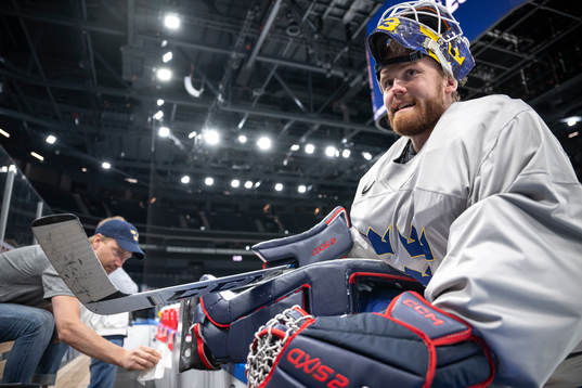 Goaltender Marcus Högberg of Sweden at a practice session