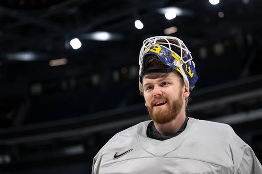 Goaltender Marcus Högberg of Sweden at a practice session