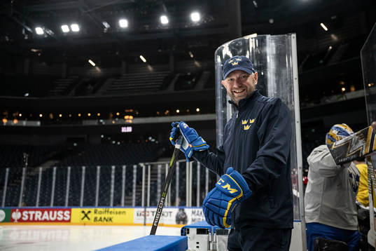 Goaltender coach Stefan Ladhe of Sweden at a practice