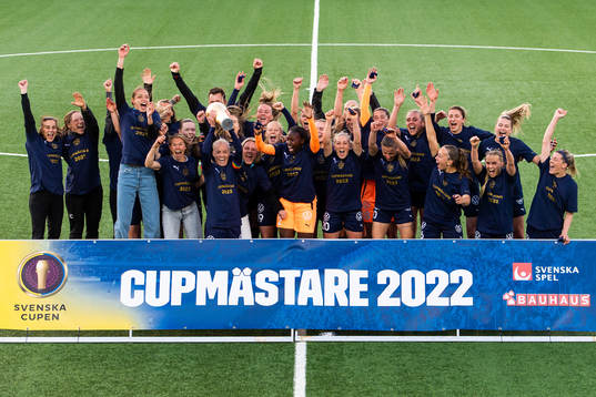 Rosengårds spelare jublar med pokalen