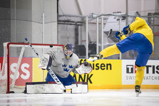 Goaltender Marcus Högberg of Sweden at a practice session