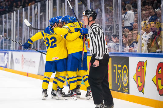 William Nylander of Sweden celebrates with team mates