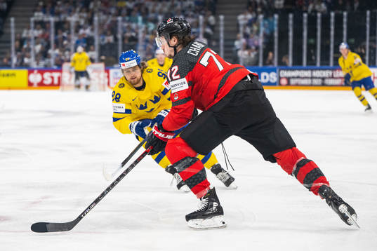 William Nylander of Sweden and Thomas Chabot of Canada