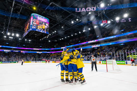 Max Friberg of Sweden celebrates with team mates