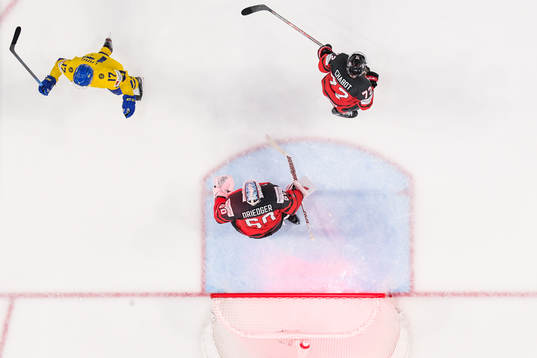Oskar Lang of Sweden celebrates while goaltender Chris