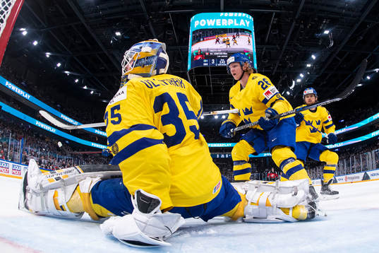 Goaltender Linus Ullmark and Rasmus Dahlin of Sweden