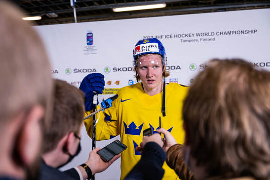 Rasmus Dahlin of Sweden is interviewed