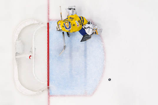 goaltender Linus Ullmark of Sweden looks dejected