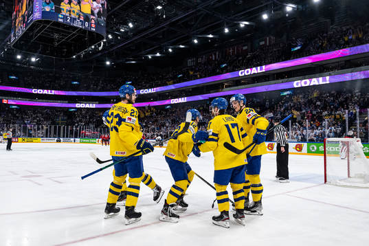 Max Friberg of Sweden celebrate with teammates