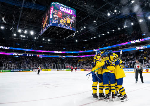 Max Friberg of Sweden celebrate with teammates