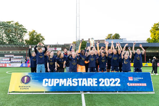 Rosengårds spelare jublar med pokalen