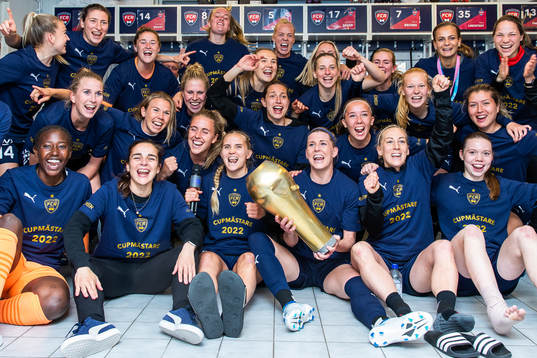 Rosengårds spelare jublar med pokalen i omklädningsrummet