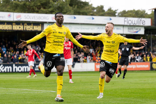Mjällbys Silas Nwankwo och Albin Mörfelt jublar
