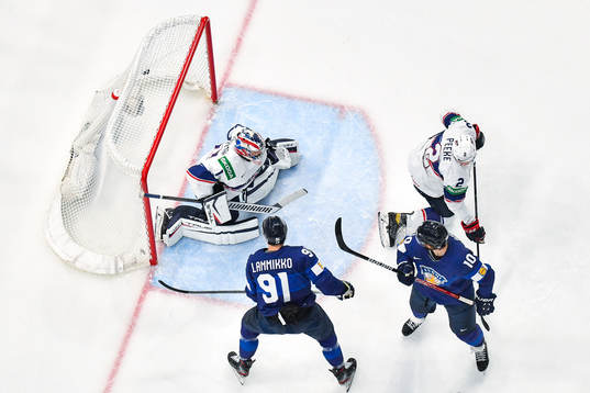 Miro Heiskanen of Finland, not pictured, scores the 1-1