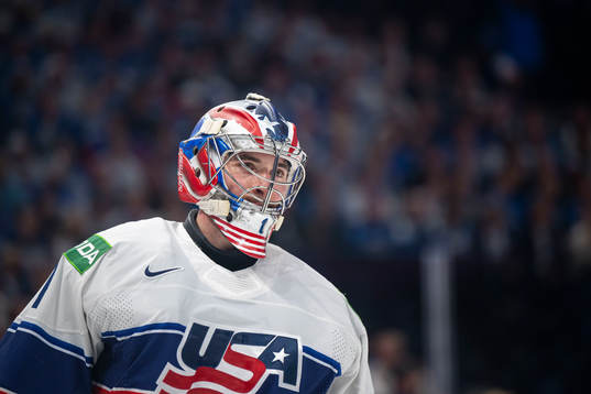 Goaltender Jeremy Swayman of USA