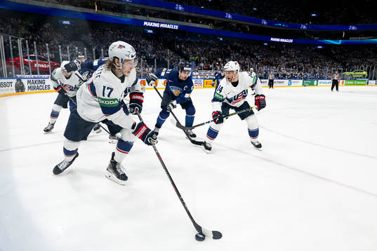 Adam Gaudette of USA and Valtteri Filppula of Finland