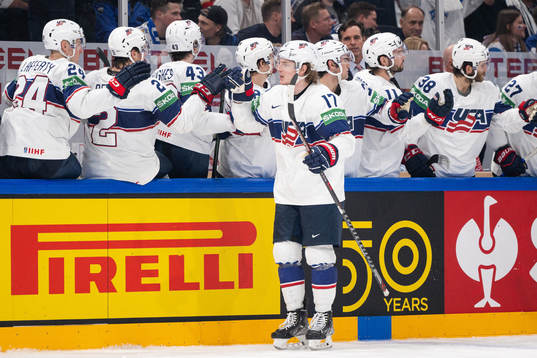 Adam Gaudette of USA celebrates the 4-3 goal
