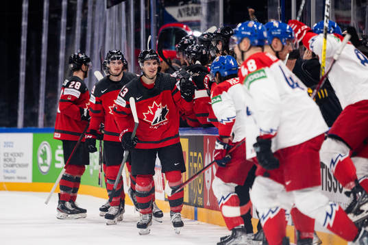 Matt Barzal of Canada celebrates the 4-1 goal