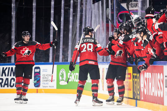Matt Barzal of Canada celebrates the 4-1 goal