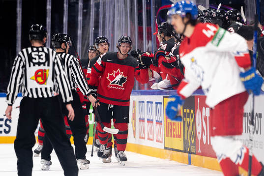 Kent Johnson of Canada celebrates the 3-1 goal