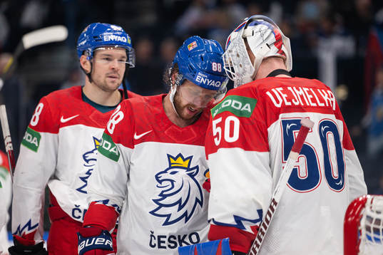 David Pastrnak and goaltender Karel Vejmelka  of Czech