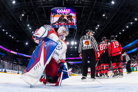 Goaltender Karel Vejmelka  of Czech Republic looks dejected