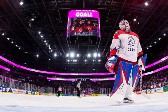 Goaltender Karel Vejmelka  of Czech Republic looks dejected