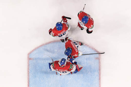 David Pastrnak and goaltender Karel Vejmelka of Czech