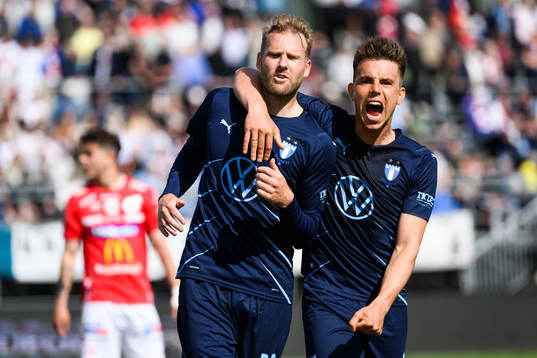 Malmö FFs Ola Toivonen och Jonas Knudsen jublar