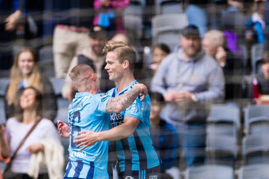 Djurgårdens Hampus Finndell jublar med Victor Edvardsen
