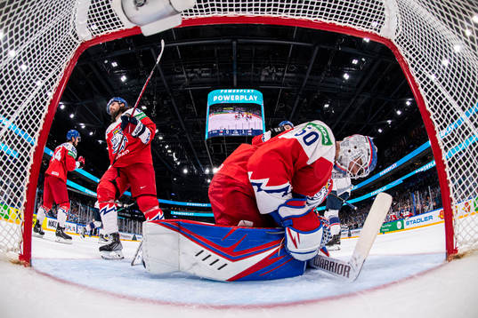 Goaltender Karel Vejmelka  of Czech Republic looks dejected