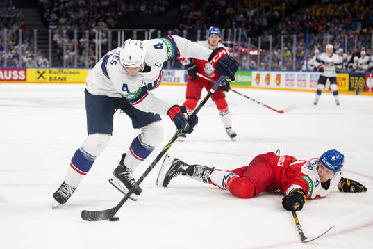 Seth Jones of USA and David Sklenicka of Czech Republic