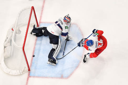 David Kampf of Czech Republic scores the 6-3 goal behind