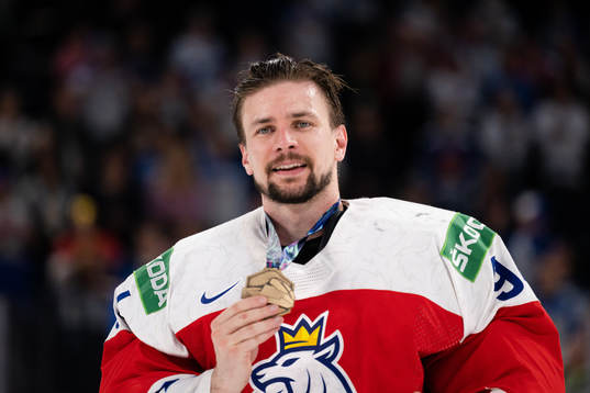 Goaltender Marek Langhamer of Czech Republic celebrates